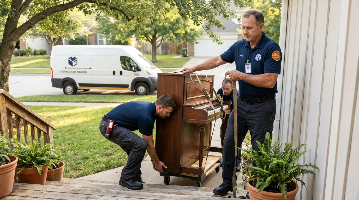 Licensed piano movers securing grand piano in La Mesa, CA