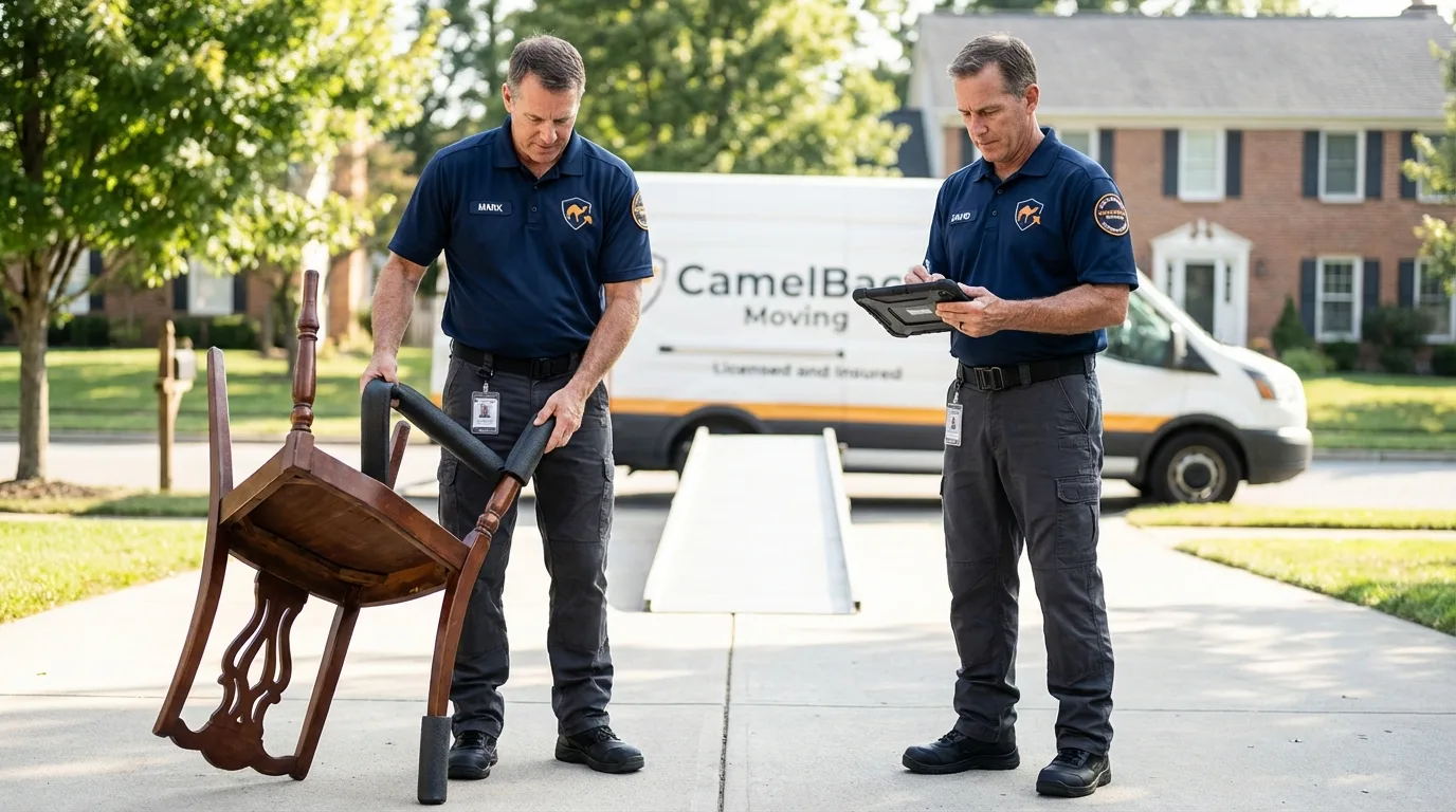 Movers inspecting furniture for damage prevention before loading in La Mesa, CA