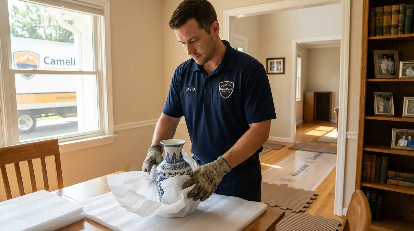 Professional crew carefully wrapping antique vase for senior downsizing move in La Mesa, CA